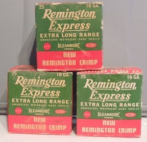 lot 82 image: Ammo- Remington Express 16g 2.75 3 boxes  - shot 2 (13),   7.5 SHOT  (23) and  6 SHOT full box
