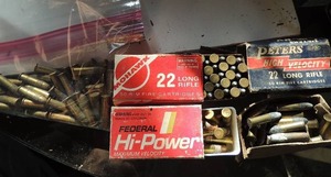 lot 113 image: 22LR Mohawk 22LR (50)    Federal hi power 22LR qty21    Peters 22LR qty21   Bag of qty 40 22lr