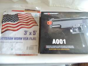 lot 78 image: Air soft pellet pistol with laser pointer A0019 NIB and Veteran Worn flag 3x5 new