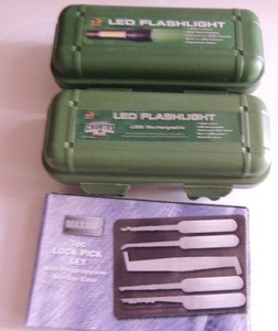 lot 53 image: LED rechargeable flashlight 1 camo and 1 black  &  5 piece lock pick set NIB