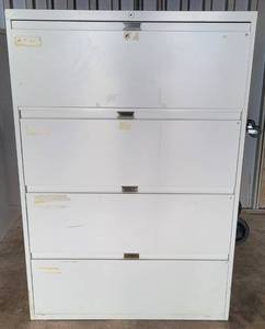 lot 36 image: METAL 4-DRAWER LATERAL FILING CABINET AS SHOWN. APPROX. 36W x 18D x 52H.