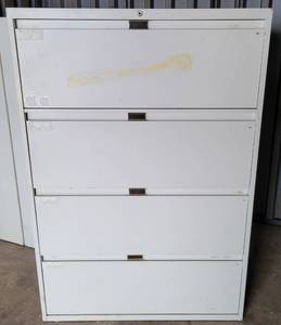 lot 50 image: METAL 4-DRAWER LATERAL FILING CABINET AS SHOWN. APPROX. 36W x 18D x 52H.