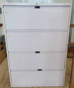 lot 110 image: METAL 4-DRAWER LATERAL FILING CABINET AS SHOWN. APPROX. 36W x 18D x 52H.