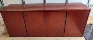 lot 44 image: WOODEN CREDENZA IN STYLE, COLOR, AND CONDITION SHOWN. APPROX. 71.5L x 19.75W x 29H.