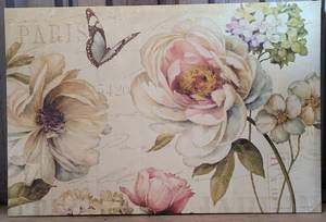 lot 143 image: CANVAS-STYLE FLOWERSBUTTERFLY THEMED WALL FRAME AS SHOWN. APPROX. 35.5 W x 23.5 H.