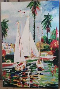 lot 144 image: GARDEN RIDGE CANVAS-STYLE SAILBOATS THEMED WALL FRAME AS SHOWN. APPROX. 23.5W x 35.5H.