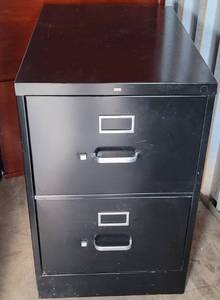 lot 49 image: HON 2-DRAWER BLACK METAL FILING CABINET AS SHOWN. APPROX. 18W x 26.5D x 29H.