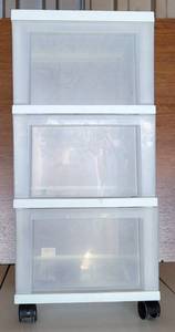 lot 82 image: PLASTIC 3-DRAWER STORAGE CART AS SHOWN.