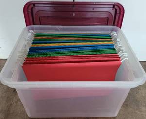 lot 83 image: PORTABLE FILING STORAGE BOX WITH HANGING FOLDERS AS SHOWN.