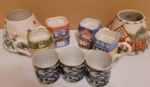lot 204 image: AVON 1997 COTTAGE COLLECTION CHARACTER MUGS BAKERY FLORIST COTTAGES SET4, 3.75H, YANKEE CANDLE COVERS
