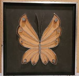 lot 114 image: MID CENTURY NAIL STRING ART IN BUTTERFLY FORM ON WOOD BASE