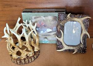lot 162 image: STAG HORN  ANTLER DECOR INCLUDES CANDLE SURROUND AND (2) PHOTO FRAMES, RESIN