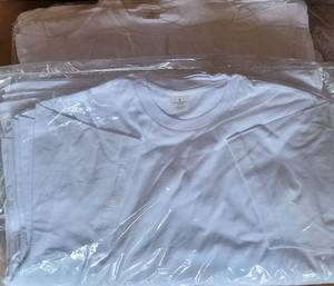 lot 166 image: LOT OF 2 PACKAGES OF ENOVA 100% ORGANIC REGENERATED COTTON CRISP WHITE CREW NECK TEE SHIRTS, LARGE (NWT) 12 PER PACKET (SOLD 2X THE MONEY)