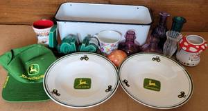 lot 182 image: JOHN DEERE COLLECTIBLES., INCLUDES WHITE ENAMEL MID CENTURY REFRIGERATOR LONG STORAGE BIN AND MORE