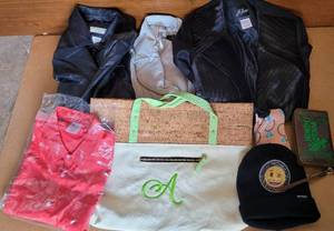 lot 187 image: CLOTHING. INCLUDES IMAN WHITE LEATHER JACKET, COVINGTON LEATHER TRENCH COAT, DIAMOND RING SOCKS PLUS