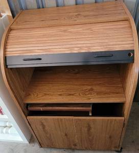 lot 189 image: ROLL-TOP STYLE WORKSTATION IN STYLE, COLOR, AND CONDITION SHOWN.