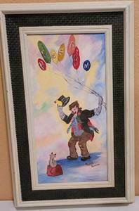 lot 210 image: 1963 PAINT BY NUMBERS CLOWN PAINTING IN PERIOD WHITEWASHED FRAME WITH BURLAP MATTING