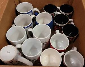 lot 236 image: (4) AUDI OF DALLAS BRANDED COFFEE MUGS, (2) HAPPY HANNUKAH MUGS,  RED HOT LOVER MUGS, PLUS