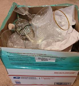lot 239 image: VINTAGE CRYSTAL WINE GLASSES, CRYSTAL BELL AND MORE. GENEROUS BOX FULL.