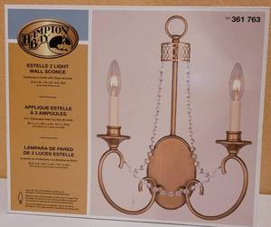 lot 240 image: HAMPTON BAY ESTELLE 2 LIGHT WALL SCONCE 361-763 IN NEW, UNOPENED BOX AS SHOWN.