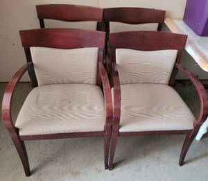 lot 4 image: LOT OF 4 WOODEN FRAME CHAIRS WITH UPHOLSTERED SEATS AND BACKRESTS IN STYLE, COLOR, AND CONDITION SHOWN. (SOLD 4X THE MONEY)