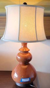 lot 9 image: CERAMIC STYLE TABLE LAMP WITH SHADE IN STYLE, COLOR, AND CONDITION SHOWN. APPROX. 30 12 H x 15 Dia.