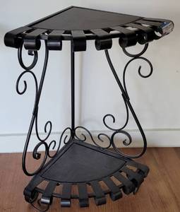 lot 10 image: METAL CORNER PLANT STAND  SHELF IN STYLE, COLOR, AND CONDITION SHOWN. APPROX. 18 W x 14 D x 24 34 H.