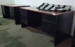 lot 36 image: (2) OFFICE DESKS WITH DRAWERS IN STYLE AND COLOR SHOWN. BOTH UNITS ARE IN SOLID OVERALL CONDITION. EACH APPROX. 60 L x 30 W x 29 H. (SOLD 2X THE MONEY) OTHER ITEMS NOT INCLUDED