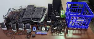 lot 46 image: MIXED LOT OF COMPUTER ACCESSORIES INCLUDING KEYBOARDS, SPEAKERS, CORDS, AND MORE AS SHOWN.