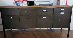 lot 66 image: METAL FRAME CREDENZA-STYLE CABINET WITH DRAWERS AND STORAGE AREA AS SHOWN. CONTENTS NOT INCLUDED APPROX. 62 W x 20 D x 29 12 H.