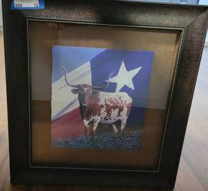 lot 72 image: LARGE LONGHORN  WESTERN THEMED WALL ART  FRAME AS SHOWN. APPROX. 22 34 W x 24 H.