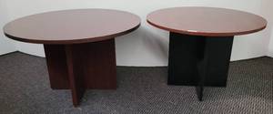 lot 74 image: (2) ROUND OFFICE  LOUNGE TABLES IN STYLE, COLOR, AND CONDITION SHOWN. (1) 42 Dia x 28 34 H AND (1) 47 12 Dia x 28 34 H. (SOLD 2X THE MONEY)