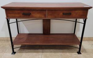 lot 78 image: WOODEN WITH METAL FRAME ACCENT TABLE IN STYLE, COLOR, AND CONDITION SHOWN. APPROX. 45 W x 16 12 D x 30 H.