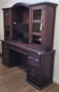 lot 83 image: CUSTOM MADE 2-SECTION WOODEN CREDENZA  DESK WITH HUTCH IN STYLE, COLOR, AND CONDITION SHOWN. CONTENTS NOT INCLUDED APPROX. 78 W x 20 D x 78 H.