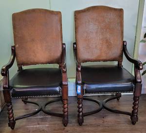 lot 92 image: (2) WOOD FRAME WITH LEATHER BACKRESTS OFFICE  ACCENT CHAIRS IN STYLE, COLOR, AND CONDITION SHOWN. APPROX. 23 W x 24 D x 44 H EACH. (SOLD 2X THE MONEY)