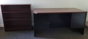 lot 94 image: (1) OFFICE DESK WITH DRAWERS AND (1) 3-TIER BOOKCASE  SHELF AS SHOWN. BOTH UNITS ARE IN SOLID OVERALL CONDITION. SHELF APPROX. 36 W x 12 D x 36 H. DESK APPROX. 60 L x 30 W x 29 H. (SOLD 2X THE MONEY)