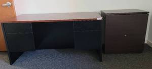 lot 95 image: (1) OFFICE DESK WITH DRAWERS AND (1) LATERAL FILING CABINET AS SHOWN. BOTH UNITS ARE IN SOLID OVERALL CONDITION. DESK APPROX. 60 L x 30 W x 29 H.  (SOLD 2X THE MONEY)