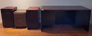 lot 96 image: (1) OFFICE DESK WITH DRAWERS AND (3) FILING CABINETS AS SHOWN. UNITS ARE IN SOLID OVERALL CONDITION. DESK APPROX. 60 L x 30 W x 29 H.