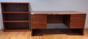 lot 97 image: (1) DROEMER OFFICE DESK WITH DRAWERS AND (1) 3-TIER BOOK CASE  SHELF AS SHOWN.