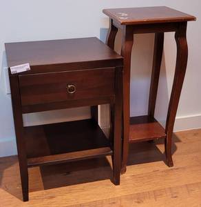 lot 98 image: (2) ACCENT TABLES IN STYLES, COLORS, AND CONDITION SHOWN.