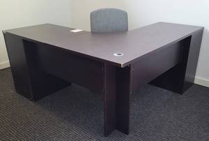 lot 101 image: OFFICE DESK WITH DRAWERS AND STORAGE AREA IN STYLE, COLOR, AND CONDITION SHOWN PLUS (1) OFFICE CHAIR.