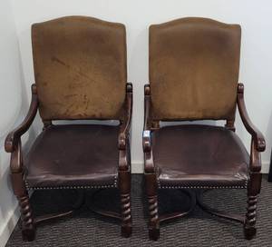lot 105 image: (2) WOOD FRAME WITH LEATHER BACKRESTS OFFICE  ACCENT CHAIRS IN STYLE, COLOR, AND CONDITION SHOWN. (SOLD 2X THE MONEY)