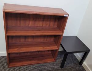lot 107 image: (1) 3-TIER BOOK CASE  SHELF AND (1) ACCENT TABLE AS SHOWN. SHELF APPROX. 36 W x 12 D x 42 H.