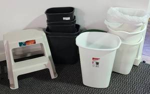 lot 121 image: STEP STOOL AND ASSORTED TRASHCANS AS SHOWN.