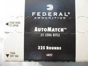 lot 122 image: 1-Box Of- Federal-Auto Match, Target Grade .22 LR, 40-Gr. Lead Round Nose Cartridges, 325-Rounds in Box.