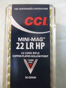 lot 125 image: 2- 100-Rounds Of CCI- Mini-Mag, 22-LR-HP, 36-Gr. Copper Plated Hollow Point, 1260-FPS, Varmint Cartridges. Note Your bidding by the box.