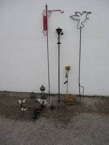 lot 29 image: Out Doors Lot-Including Shepherds Hooks, Bird House and Feeders, Metal Candles Holders And Ornaments