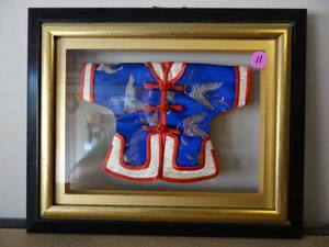 lot 11 image: VERY COOL - MINIATURE EMBROIDERED ASIAN THEMED VEST FRAMED AND UNDER GLASS - APPROX 8 X 10