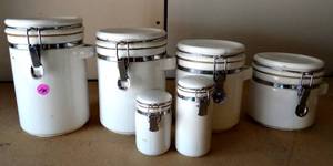 lot 14 image: SIX PIECE CANISTER SET - CERAMIC - FLOUR, SUGAR, TEA, ETC