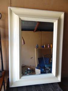 lot 57 image: VERY LARGE 4 FOOT TALL HEAVY WOODEN MIRROR